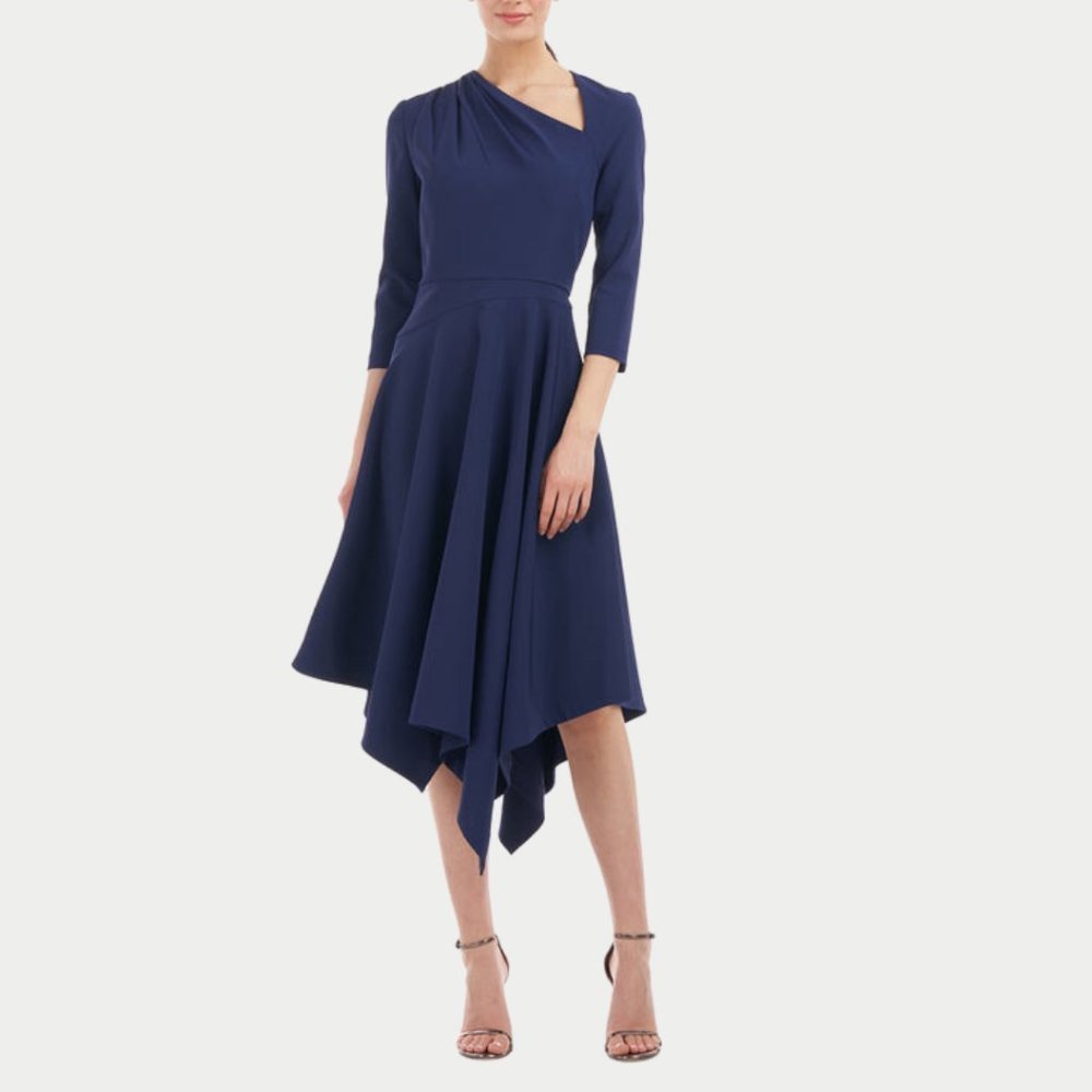Kay Unger Navy Asymmetrical Hem Fit-and-Flare Dress